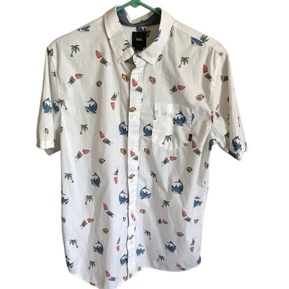 Vans off the wall button down short sleeve shirt white sharks palm tree - Picture 1 of 5